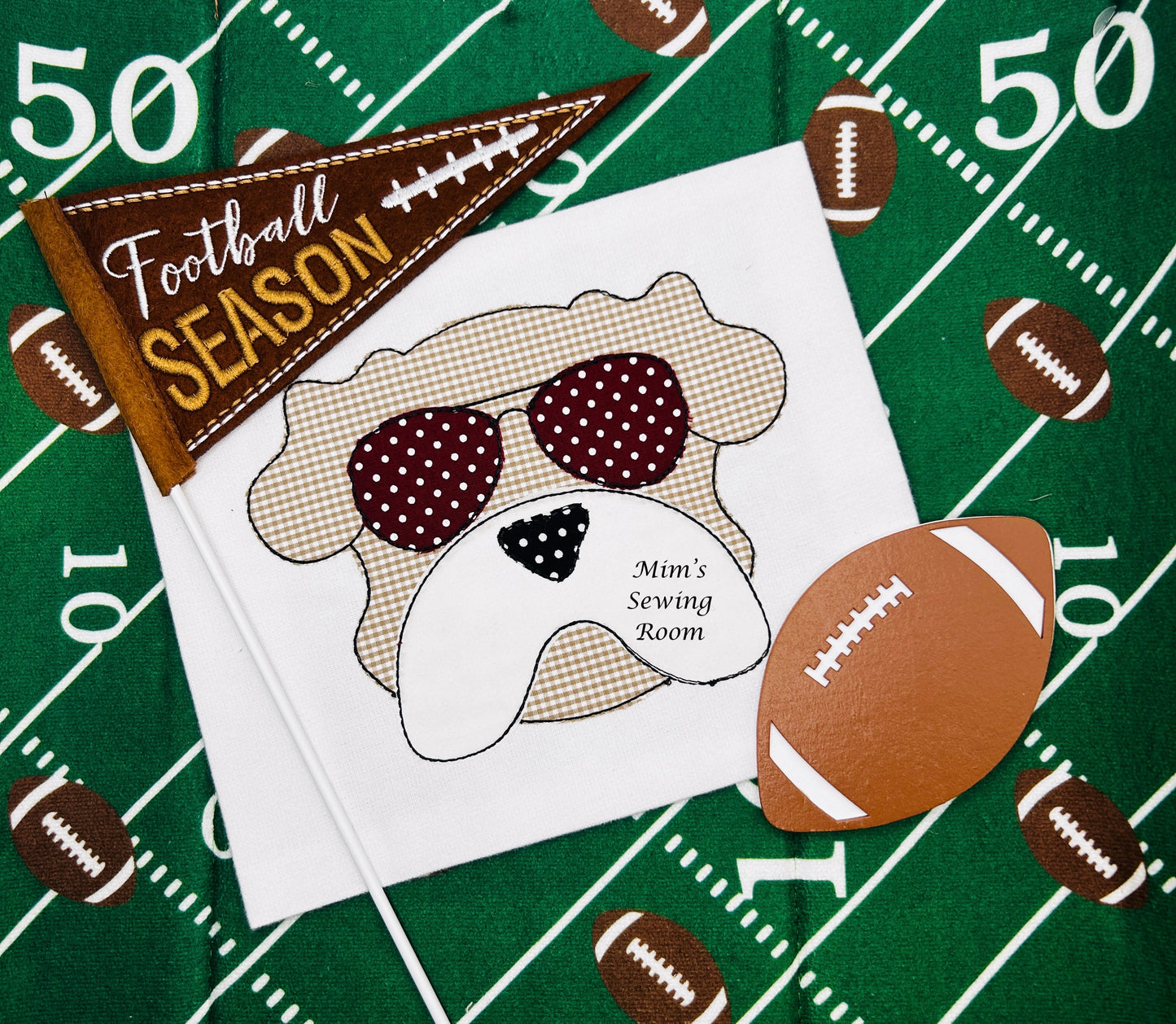 Bulldog with sunglasses applique with football