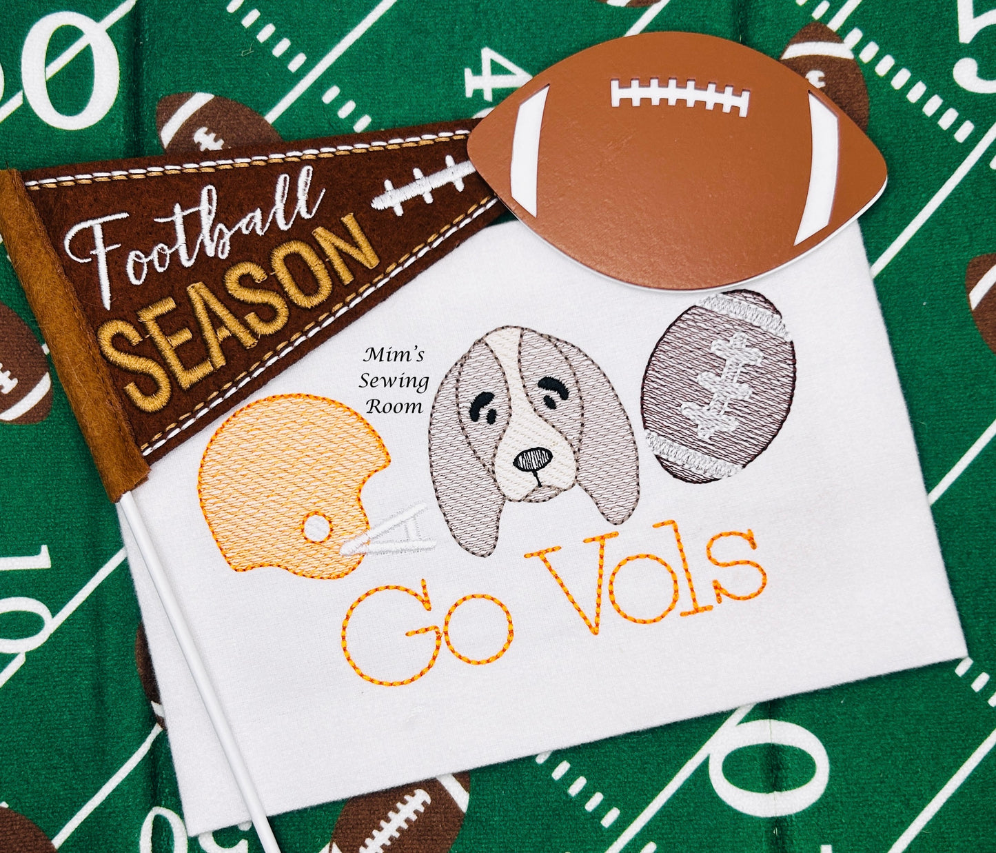 Hound dog trio with helmet and football