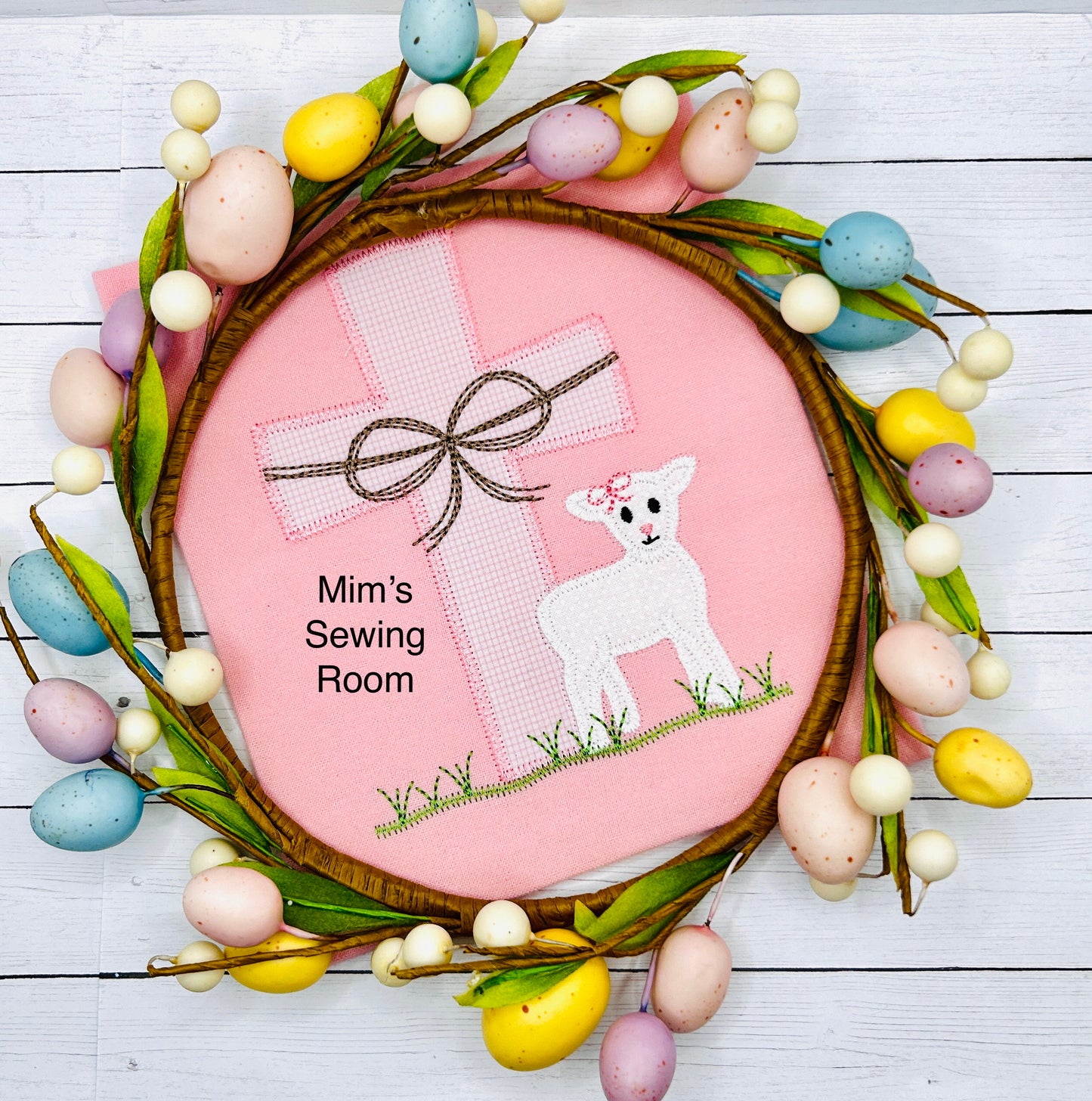 Single pink gingham cross with lamb