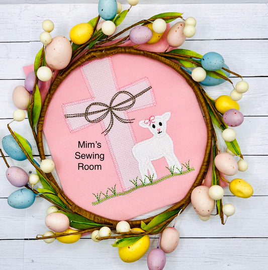 Single pink gingham cross with lamb