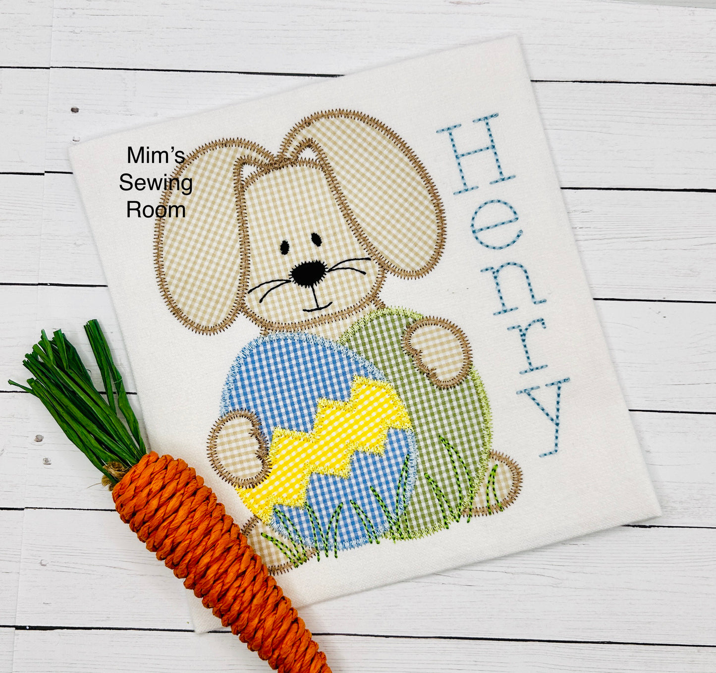 Applique brown gingham bunny with blue and green eggs