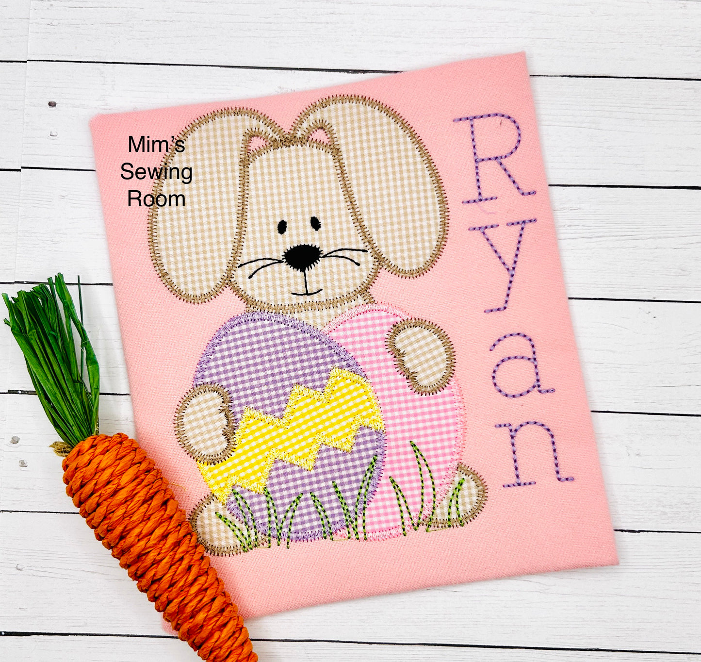 Applique brown gingham bunny with purple/pink egg