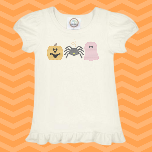 Pumpkin, spider, pink ghost trio